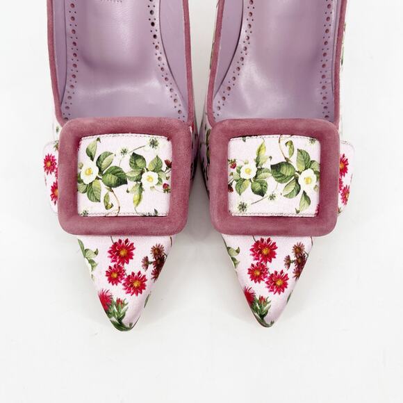 Manolo Blahnik Maysale Pink Floral Satin Buckle Pumps IT 39.5 Pointed Toe Heels - Picture 6 of 11